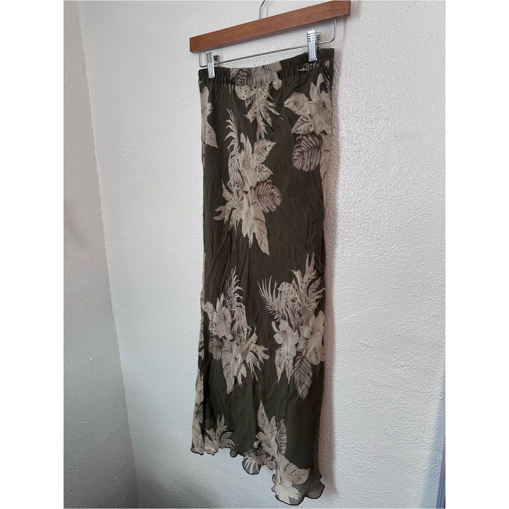 100% Silk Green Floral Boho Vintage 90s Y2K Maxi Skirt Feather Small Summer